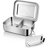 E-far Stainless Steel Bento Box, Medium 850ml Metal Bento Lunch Box Container, 28oz Leak-Proof Lunch Container with Lids and 2 Removable Dividers, Reusable Meal Storage for Camping Picnic Travel Work
