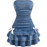 MakeMeChic Women's Layered Ruffle Denim Mini Dress Strapless Bandeau Bow Jean Dresses