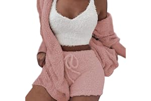 VNVNE Womens Sexy Fuzzy Warm Sherpa Fleece 3 Piece Outfit Fleece Coat Jacket Outwear and Spaghetti Strap Crop Top Shorts Set