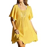 boruizhen Women Swimsuit Cover Up Short Sleeve Bikini Coverups Crochet U-Neck Beach Dress
