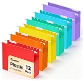 SUNEE 12 Pack 2" Plastic Hanging File Folders with Sides, Letter Size File Folders with 1/5-cut Tabs，Accordian Pocket,Stay Organized for Your Home and Office,6 Assorted Colors