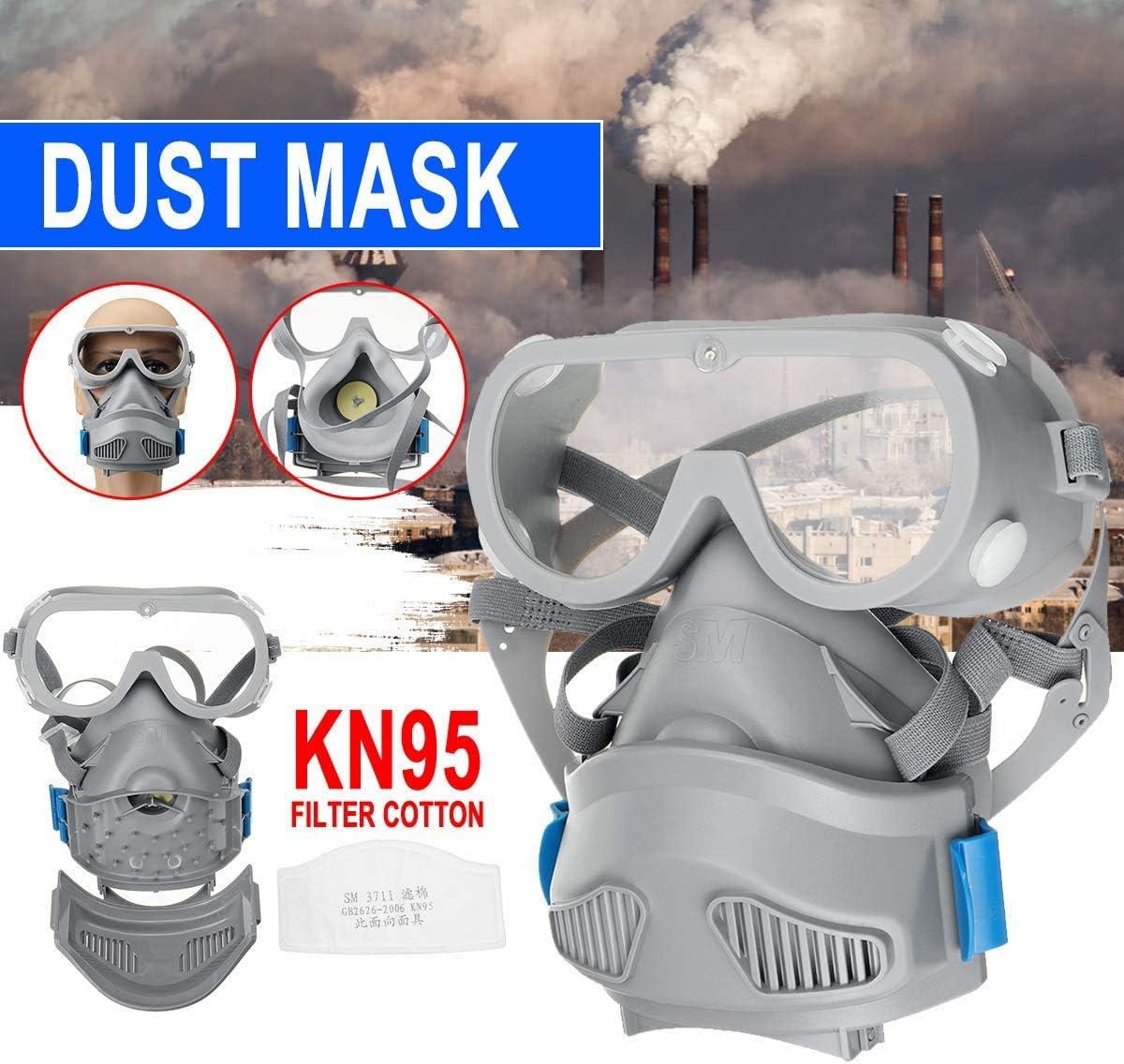 SGODDE respirator mask, windproof and dustproof with goggles with dustproof filter cotton for spraying paint, dust, protection for spraying, refurbishing, painting and grinding work