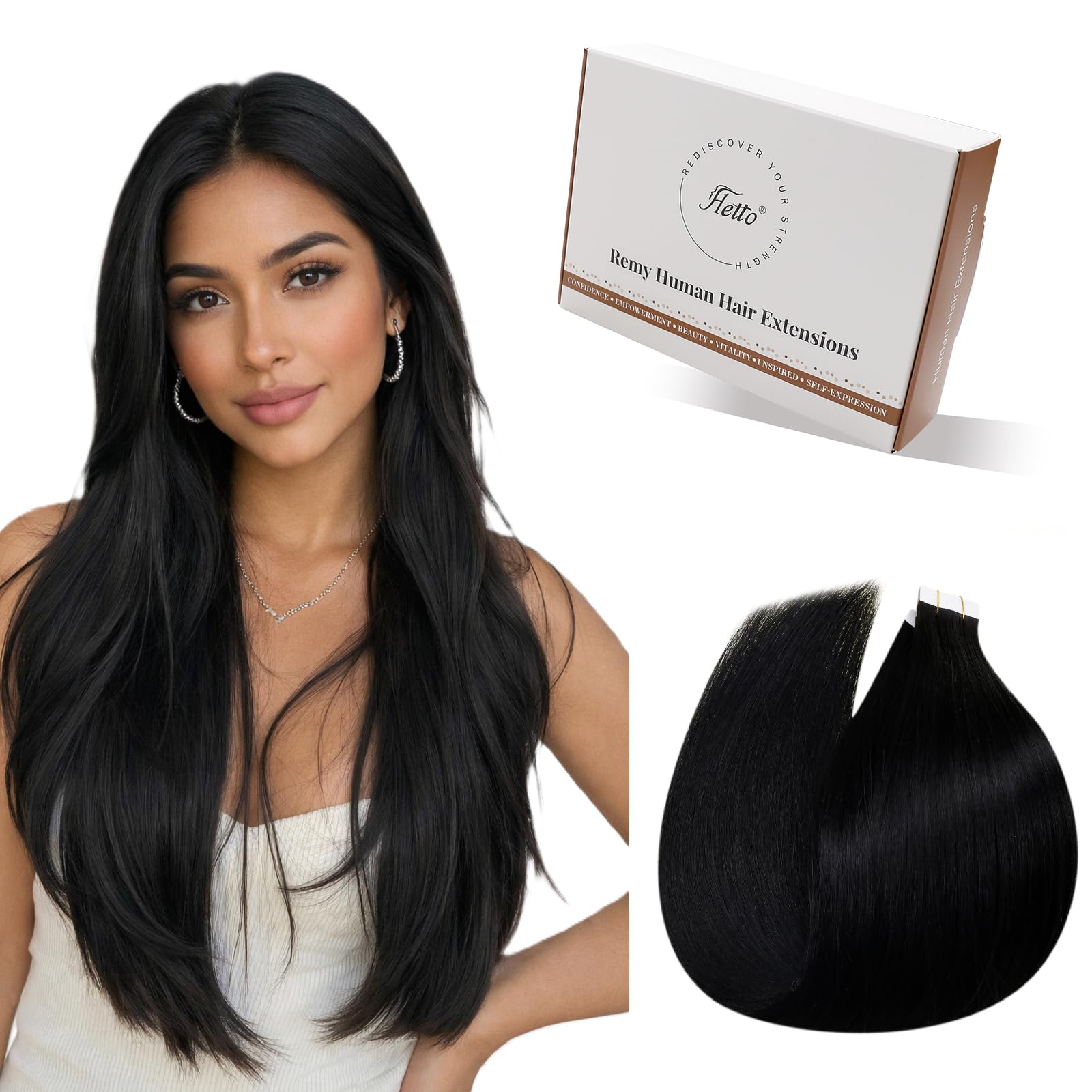 Hetto Tape in Hair Extensions Human Hair Black - Double Sided Invisible Tape in Real Human Hair Extensions, Lightweight Easy Apply for Office Natural 14 Inch 20pcs 40g #1 — image 1