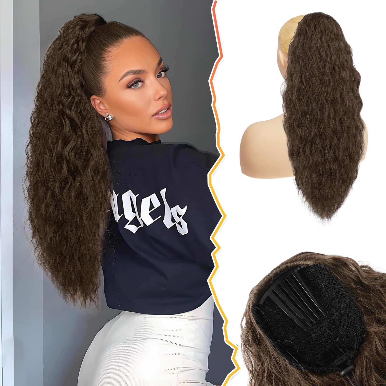 BARSDAR 22 Inch Long Ponytail, Curly Wavy Drawstring Ponytail Extensions for Women Synthetic Comb Clip in Fake Ponytails Hairpieces - Brown — image 1