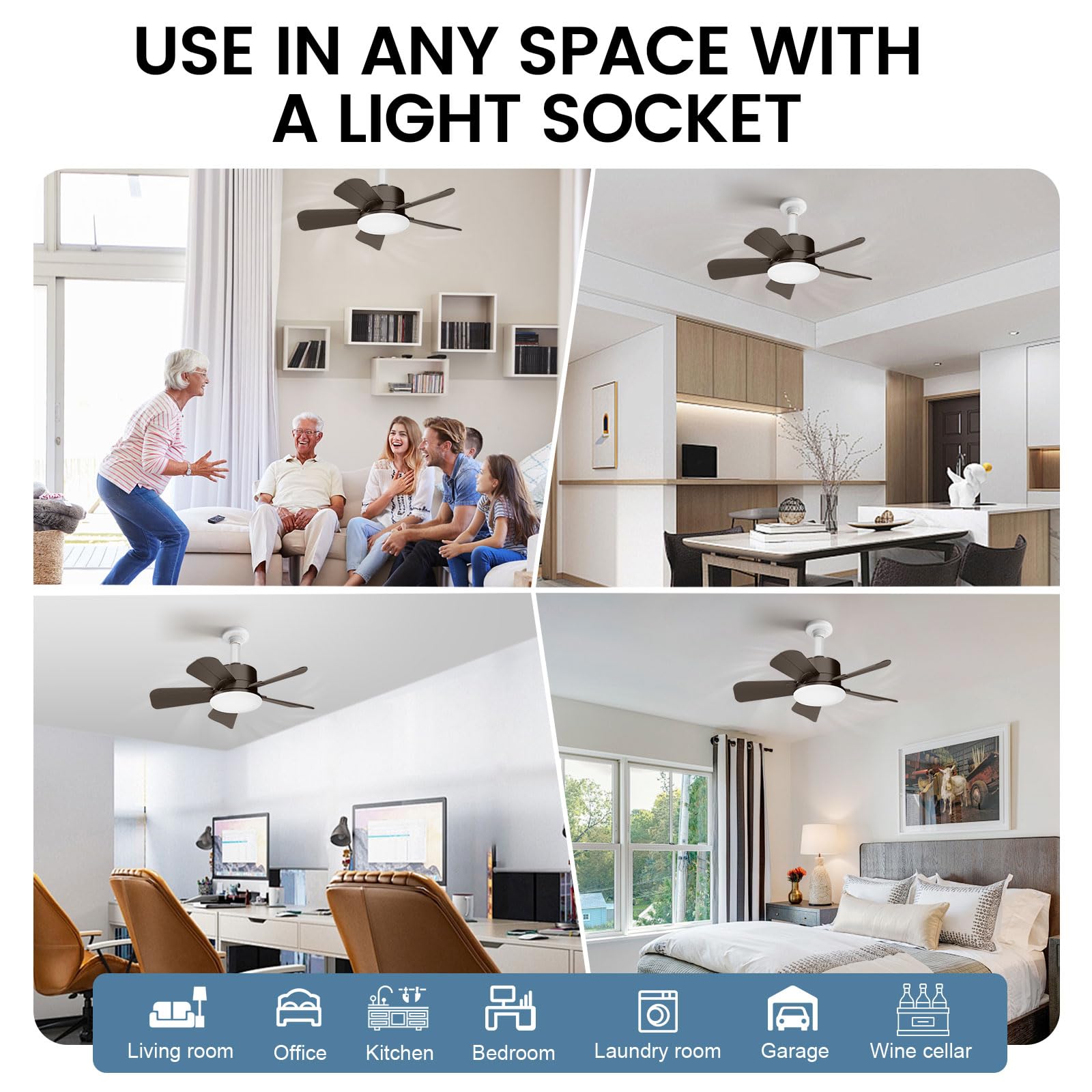 OKYUK Ceiling Fans with Lights,19in Small Ceiling Fan ceiling fans with and remote, with 6-Speeds, definite time, Dimmable LED, E26/E27 Base, for Bedroom, Kitchen, Living Room,Garage Fan (Brown)