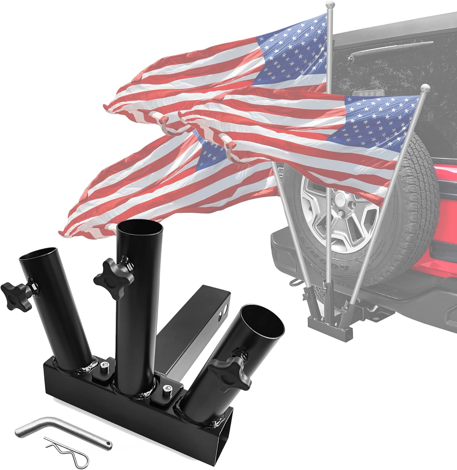 Flagpole Hardware - KAIRAY Hitch Mount 3 Flag Pole Holder Three-Headed flagpole Universal for Standard 2 inch Receiver fit for Truck SUV RV Pickup