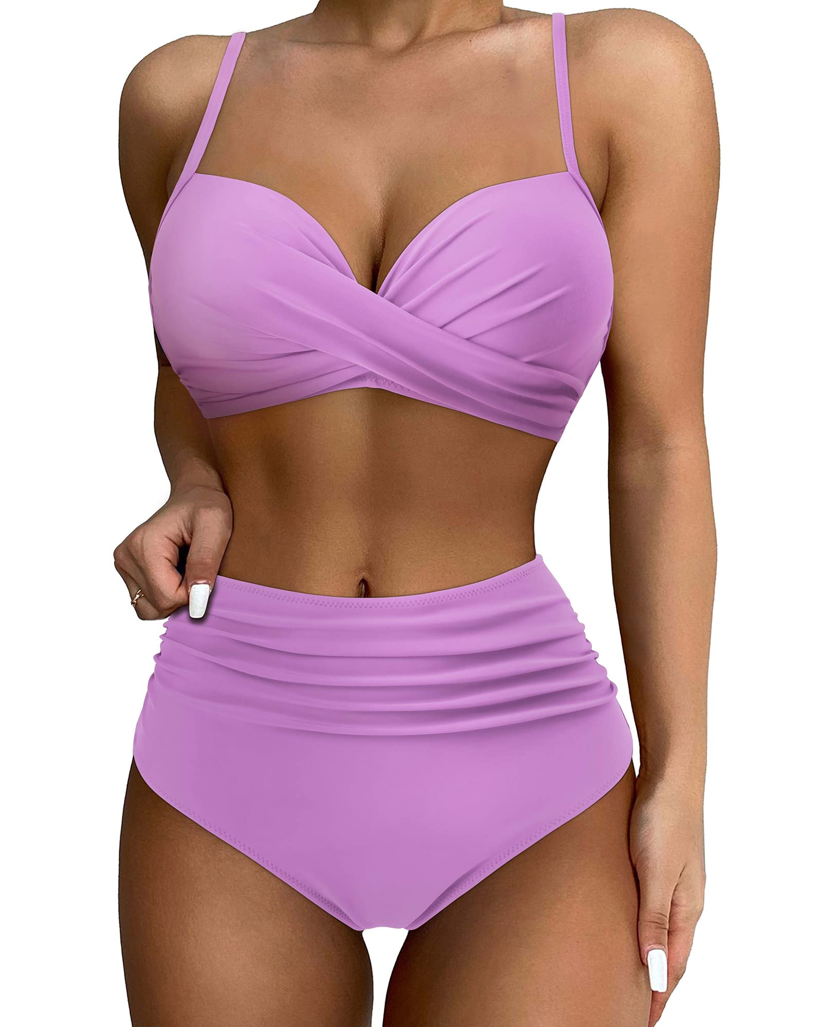 Photo 1 of SUUKSESS Women Twist High Waisted Bikini Push Up Two Piece Swimsuits Sexy Bathing Suits (Purple, XL)