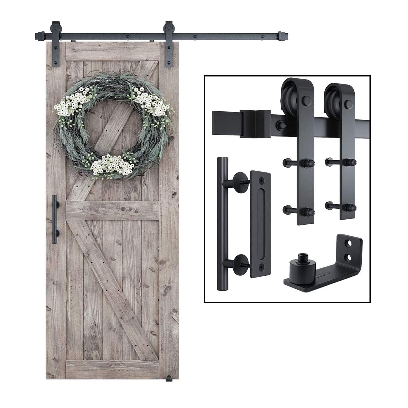 SMARTSTANDARD 5.5FT Sliding Barn Door Hardware Whole Kit (Include 5.5ft Track Kit & Pull Handle Set & Floor Guide), Smoothly and Quietly, Easy to Install, Fit 30"-33" Wide Door Panel (J Shape) Image