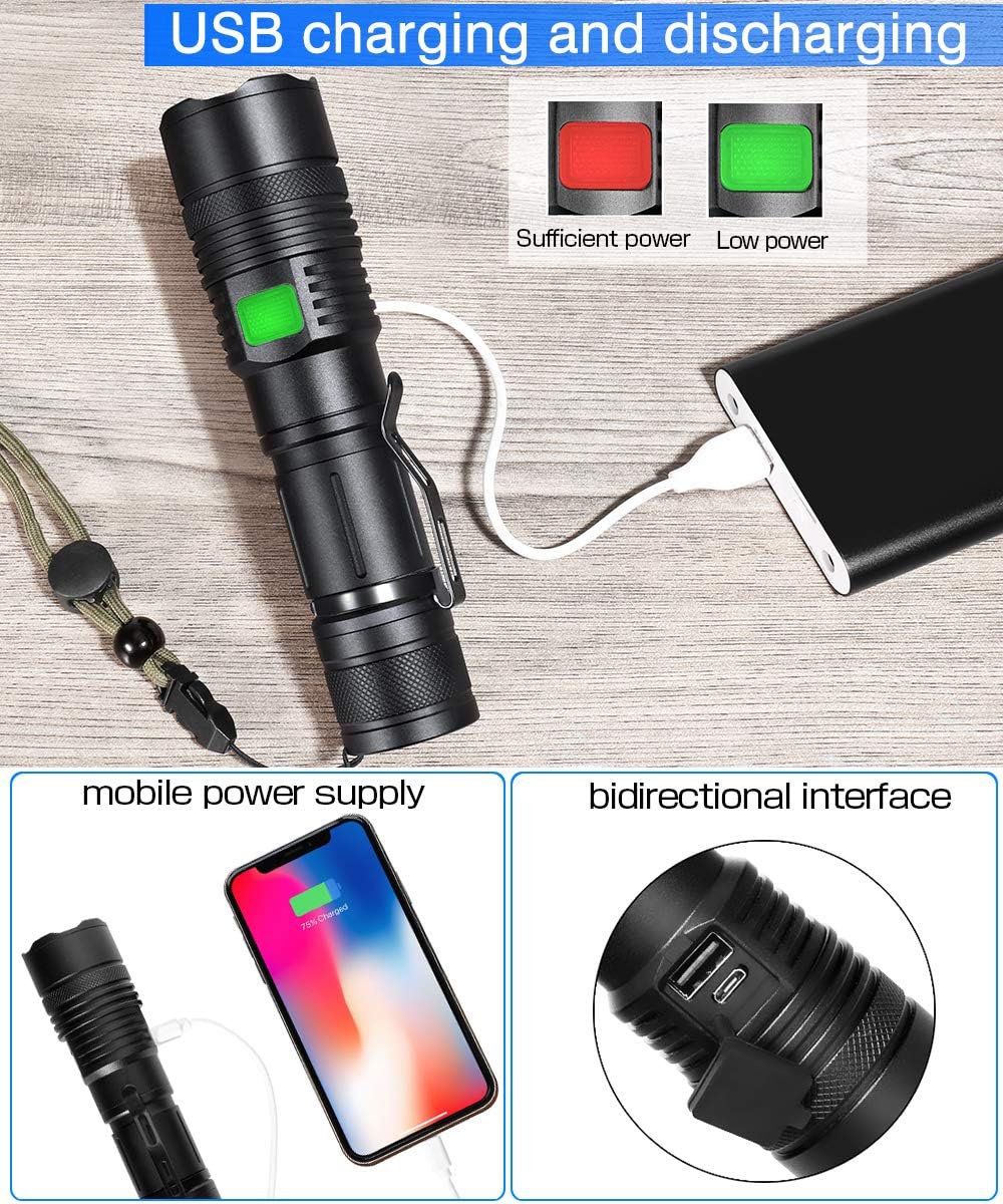 Rechargeable Usb Led Flashlights 2500 High Lumens, Zoomable 5Modes tactical Flash Light, Cree XHP50 Bright Handheld Lights, Powerful Torch, Waterproof, Power Display, 18650 Battery, Camping Outdoor Emergency - - 