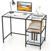 GOFLAME Computer Desk with Shelves, 42” Home Office Desk with Metal Frame, Tempered Glass Study Writing Table, Modern Simple 
