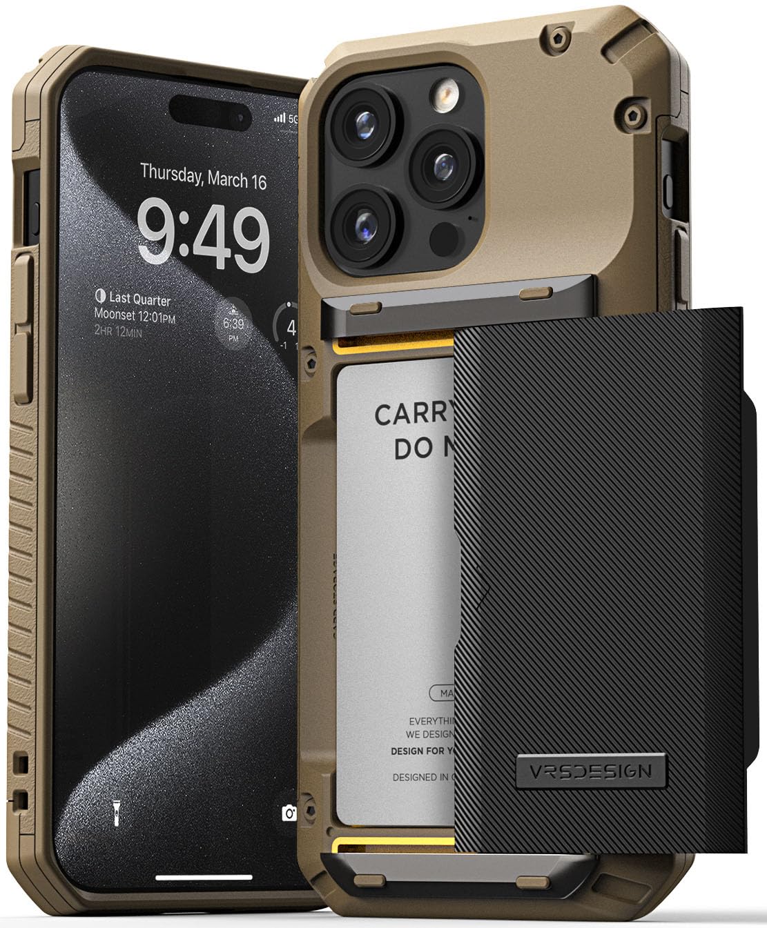VRS DESIGN Compatible with iPhone 15 Pro Max Case with Card Holder [Damda Glide Pro], Sturdy Semi Auto 4-Card Slot, High Durability & Style Designed for iPhone 15 Pro Max (2023) Groove Khaki