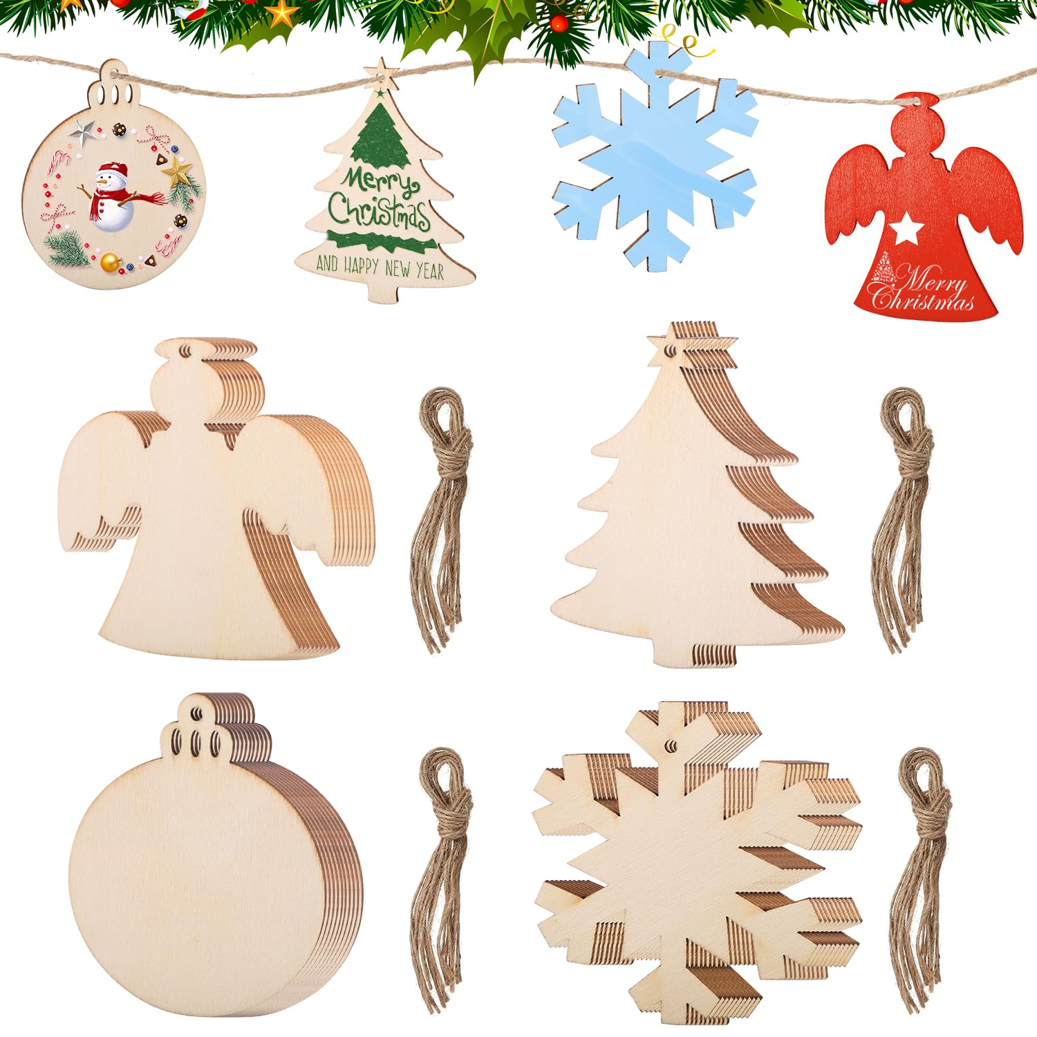 Fzyisw 40 Pcs Wooden Baubles & Crafts - 4 Styles, Christmas Tree Decorations with Rope
