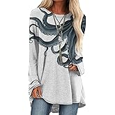 Womens Long Sleeve Shirts Trendy Pullover Japanese Octopus Graphic Tees Casual Crewneck Tops