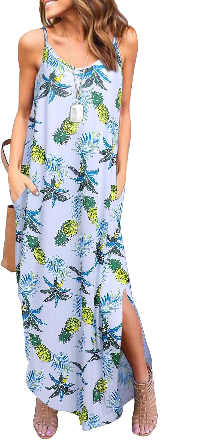 HUSKARY Women's Summer Casual Sleeveless V Neck Strappy Split Loose Dress Beach Cover Up Long Cami Maxi Dresses with Pocket