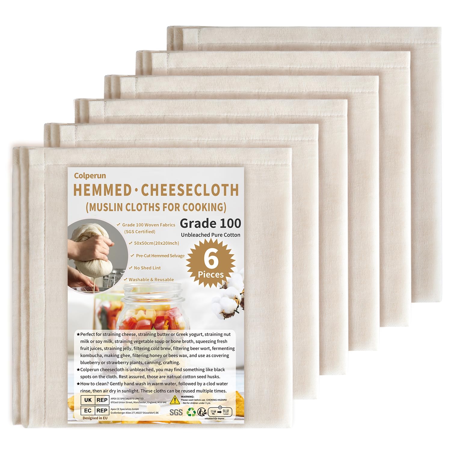 Colperun Cheese Cloths for Straining, 6Pack, Grade 100, 50x50cm Hemmed Muslin Cloths for Cooking Reusable Cheesecloth, Unbleached Cotton Cheese Cloth Muslin Fabric Strainer for Jam, Butter, Bread
