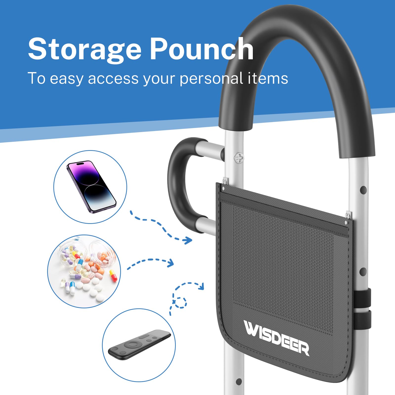 Bed Rails for Elderly Adults Safety with Storage Pocket, Dual Handle Grab Bars Height Adjustable Bed Rail Bed Assist bar Bed Rails for Seniors - Easy to Get in or Out of Bed Safely with Floor Support