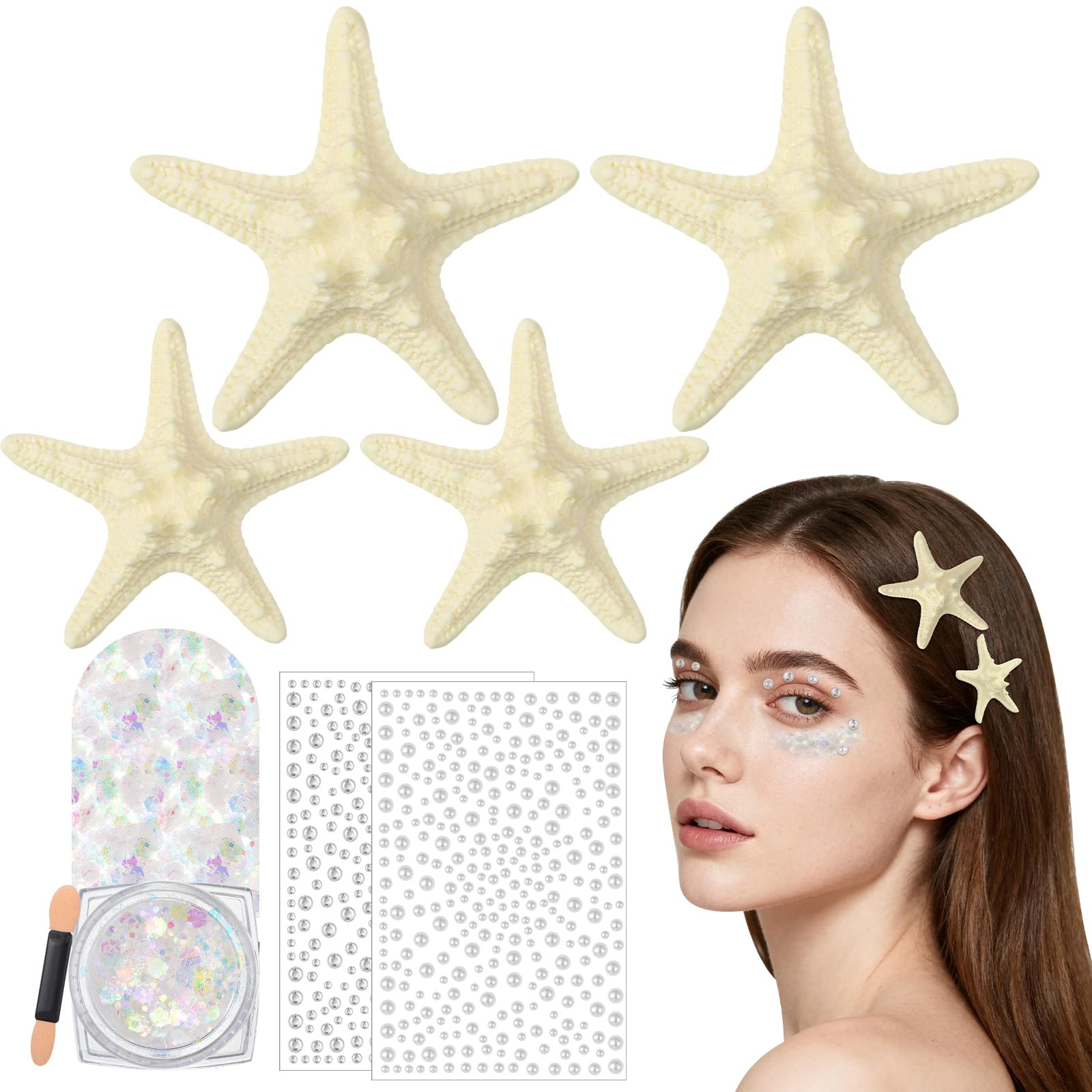 Photo 1 of 4 Pcs Starfish Hair Clip with Face Body Glitter and Face Gems, Resin Seashell Hair Clip Beach Mermaid Accessories for Women Girls