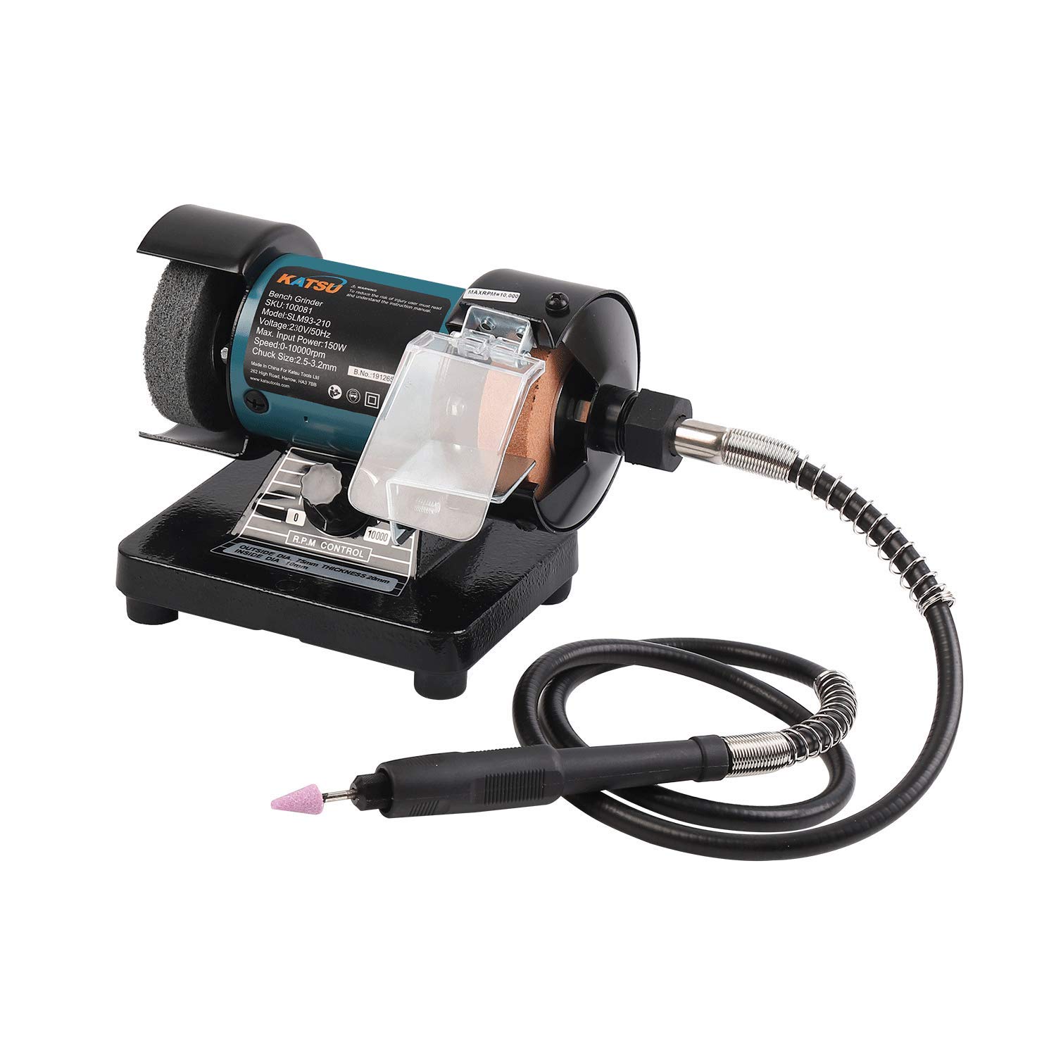 KATSU Mini Bench Grinder, 3 Inch 70mm Multi-Function Art Craft Electirc Polisher Sander Sharpener with Flexible Drive Shaft Grinding Attachment for Precise Work 100081