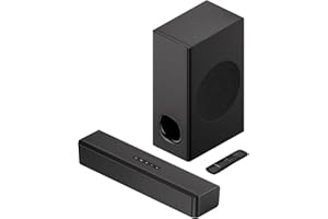 PHEANOO 2.1 Compact Sound Bars for TV with Subwoofer, HDMI ARC/Bluetooth 5.0/Optical/AUX/RCA Connection, Remote Control, Adjustable Bass, Wall Mountable – P15, 140W, 16 inch, Black