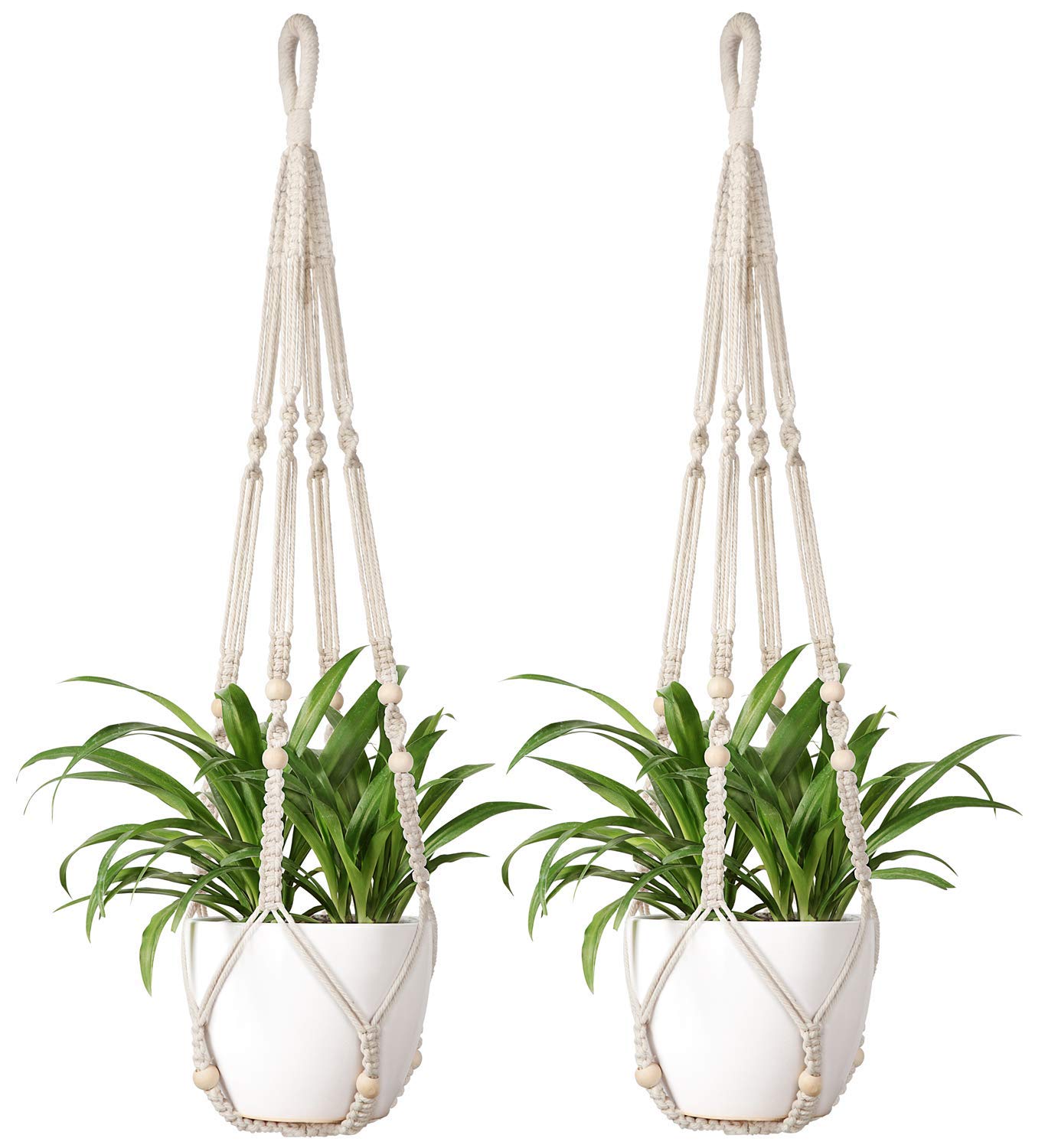 Mkouo Macrame Plant Hangers 2Pcs Indoor Hanging Planter Basket Flower Pot Holder Cotton Rope with Beads No Tassels, 89cm