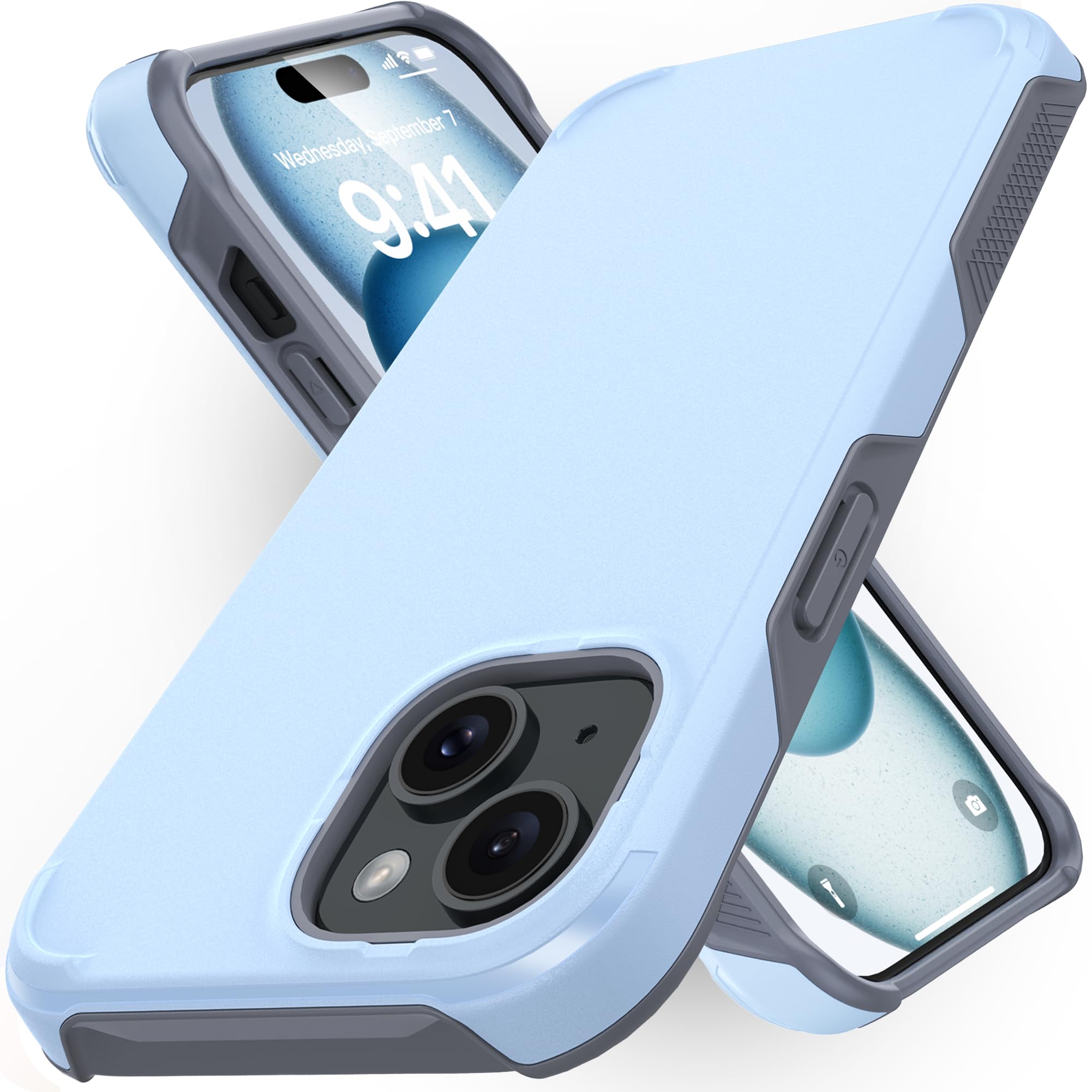 Photo 1 of ***2 ITEMS INCLUDED***TEAM LUXURY Case for iPhone 15, [Military-Grade Drop Protection] Shockproof Rugged Protective Phone Cover, Non-Slip Grip - Wireless Charging Compatible - (Light Blue)***2 ITEMS INCLUDED***