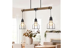 SIAFAVOI 3-Light Kitchen Island Lighting, 63" Adjustable Height Pendant Light Fixtures Black Metal & Rustic Wood Modern Dining Room Linear Chandelier Over Table with E26 Base for Farmhouse Bar