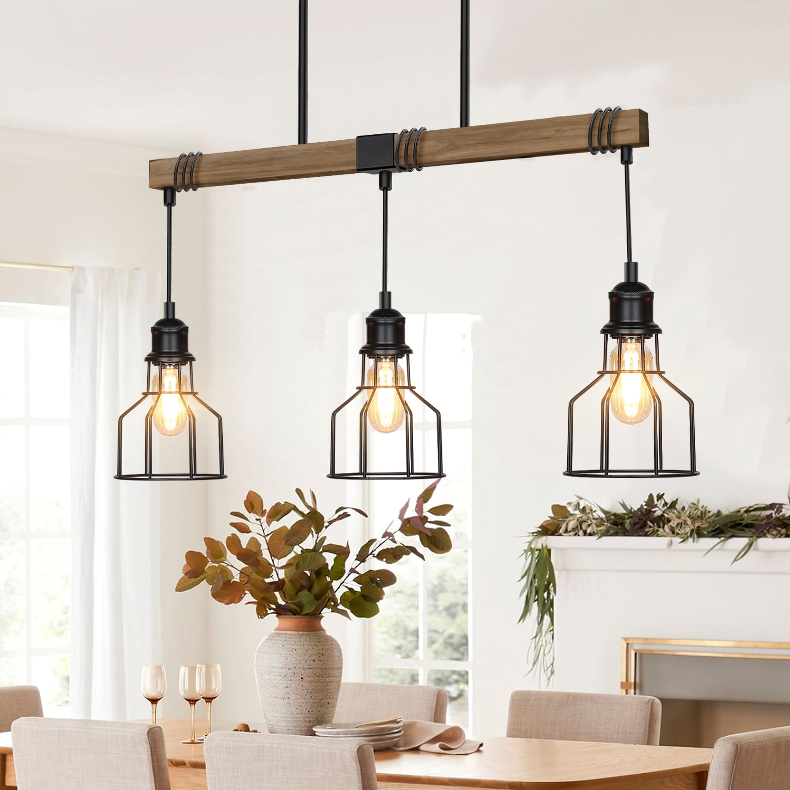 Photo 1 of 3-Light Kitchen Island Lighting, 63" Adjustable Height Pendant Light Fixtures Black Metal & Rustic Wood Modern Dining Room Linear Chandelier Over Table with E26 Base for Farmhouse Bar