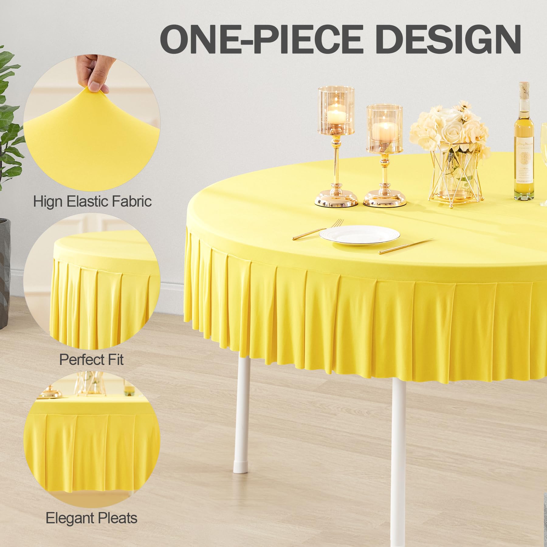 2 Pack Yellow Round Spandex Tablecloth for 72 inch Table, Wrinkle Free Stretchy 120inch Fitted 6FT Round Table Cloths Cover with Skirt for Wedding Birthday Party Dining Banquet Events