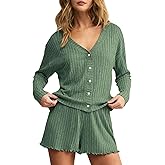 Dressmine Pajama Sets for Women 2 Piece Shorts Cute Button Up Pjs Set Fall Sleepwear Long Sleeve Loungewear Sets