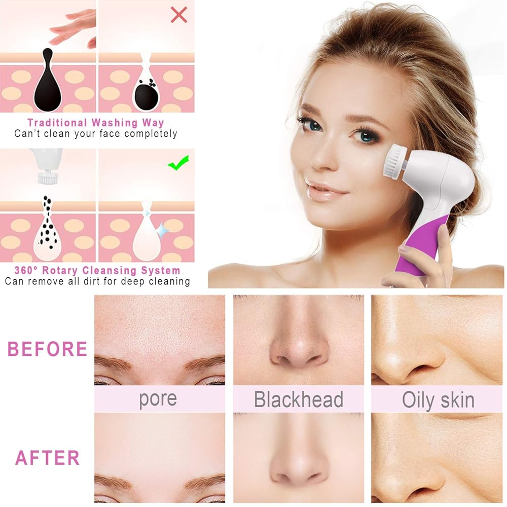 Waterproof Facial Brush, Electric Facial Exfoliator with 4 Brush Heads for Face &Body Deep