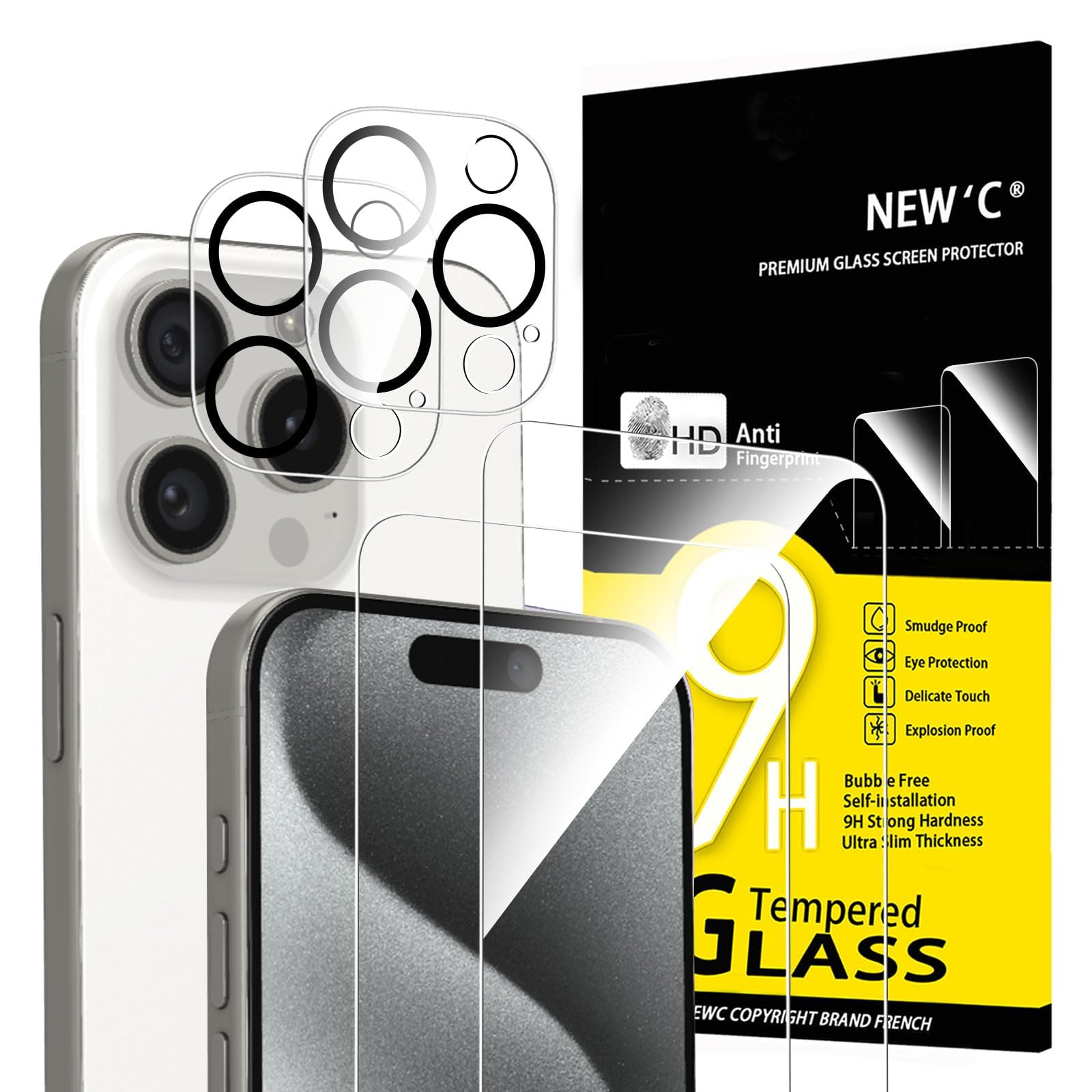 NEW'C Pack of 4, 2 x Screen Protector for iPhone 15 Pro (6.1 Inch) and 2 x Camera Lens Protector - Tempered Glass Screen Protector - Bubble Free - Ultra Resistant - 9H Hardness Glass — image 1