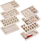 CDBOVID Set of 8 Stackable Jewelry Organizer Stackable Trays,Jewelry Drawer Inserts Container Display Case Storage for Earring Necklace Rings Bracelet Watch with Removable Dividers-Beige