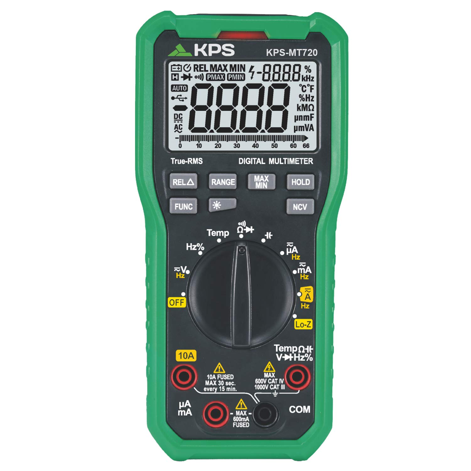 KPS Digital Multimeter, KPS-MT720, 6600 Counts, TRMS, Low Impedance, 1000V AC/DC, 10A, 66MΩ, 66μF, 66MHz, -20°C to 1000°C, Cat III 1000V / CAT. IV 600V