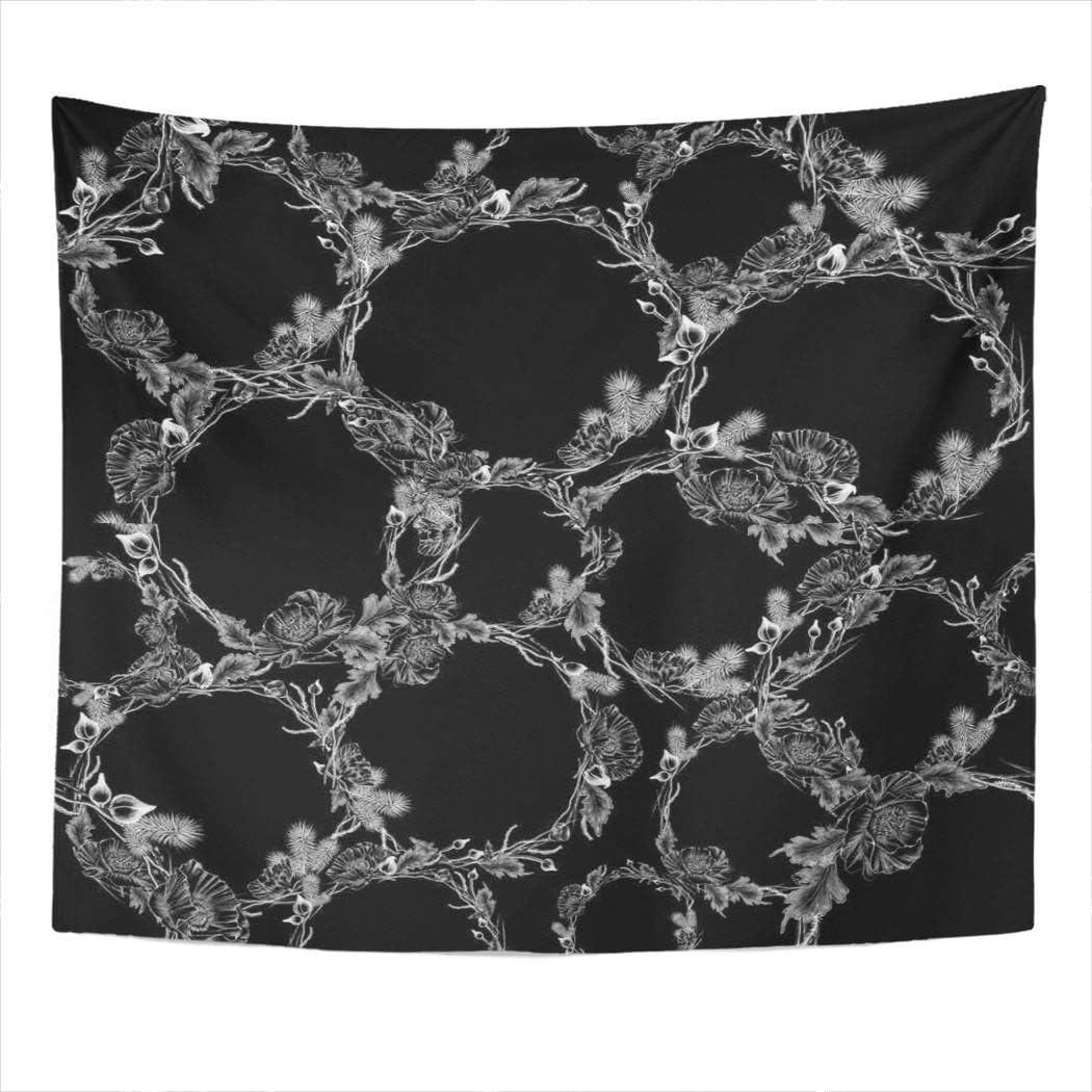 Suklly Tapestry Wall Hanging Dusty Rose Valentines Day Chalk Drawn Style White Flowers The Flat Black Home Decor Polyester Living Bedroom Dorm 60 X 80 Inches Picnic Mat Beach Towel Bed Cover
