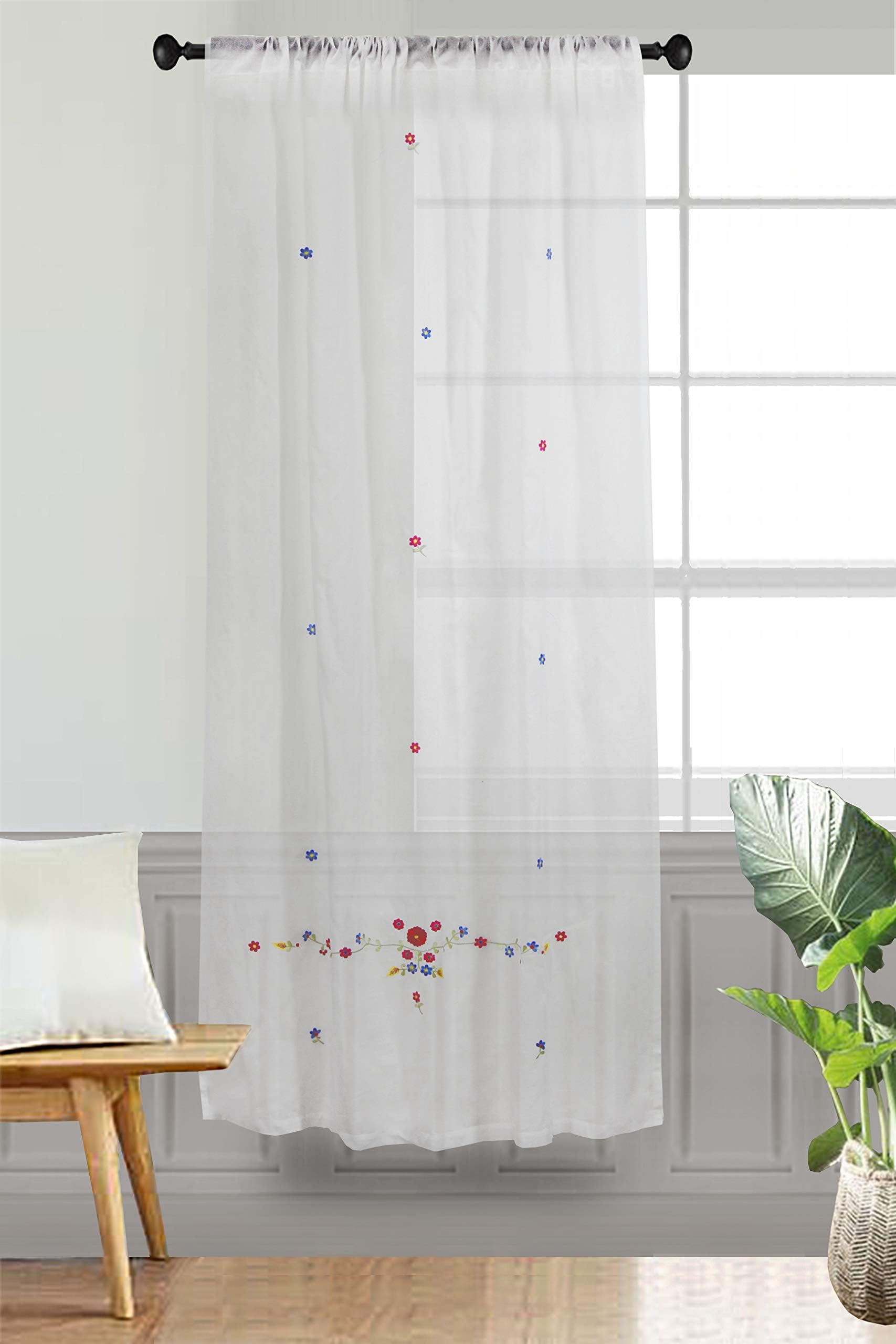 Milano Home Floral Bouquet Cotton Embroidered Rod-Pocket Sheer Curtain/Panel - 7 Feet, Pack of 1