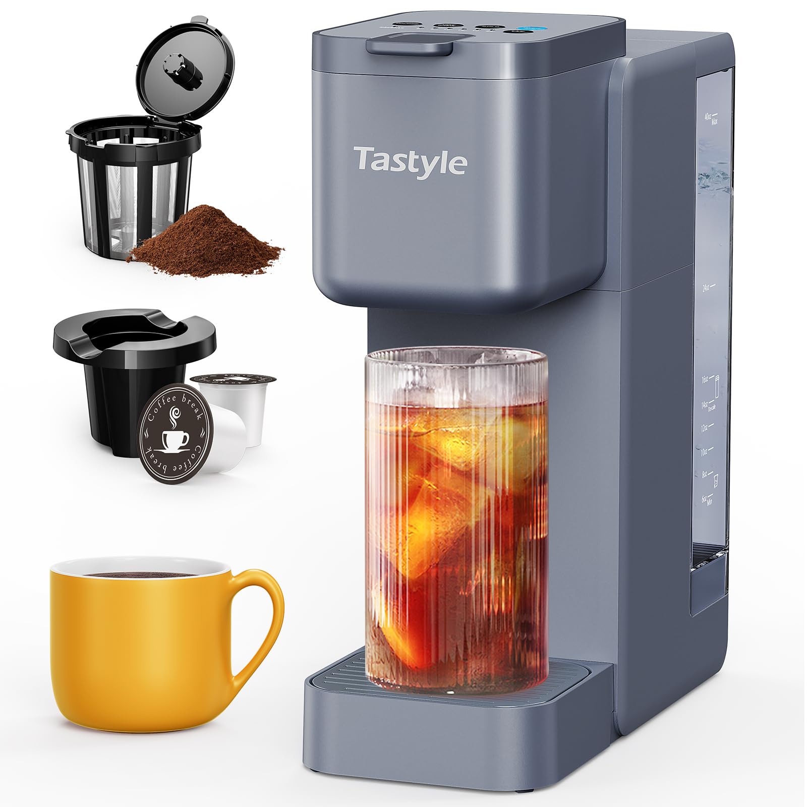 Photo 1 of Tastyle Single Serve Hot & Iced Coffee Maker with Strong Brew, 40oz Removable Reservoir, 6 Brew Sizes, Compatible with K Cup and Grounds, Compact for Home, Office, RV and Dorm, Gray (2.0 Version)