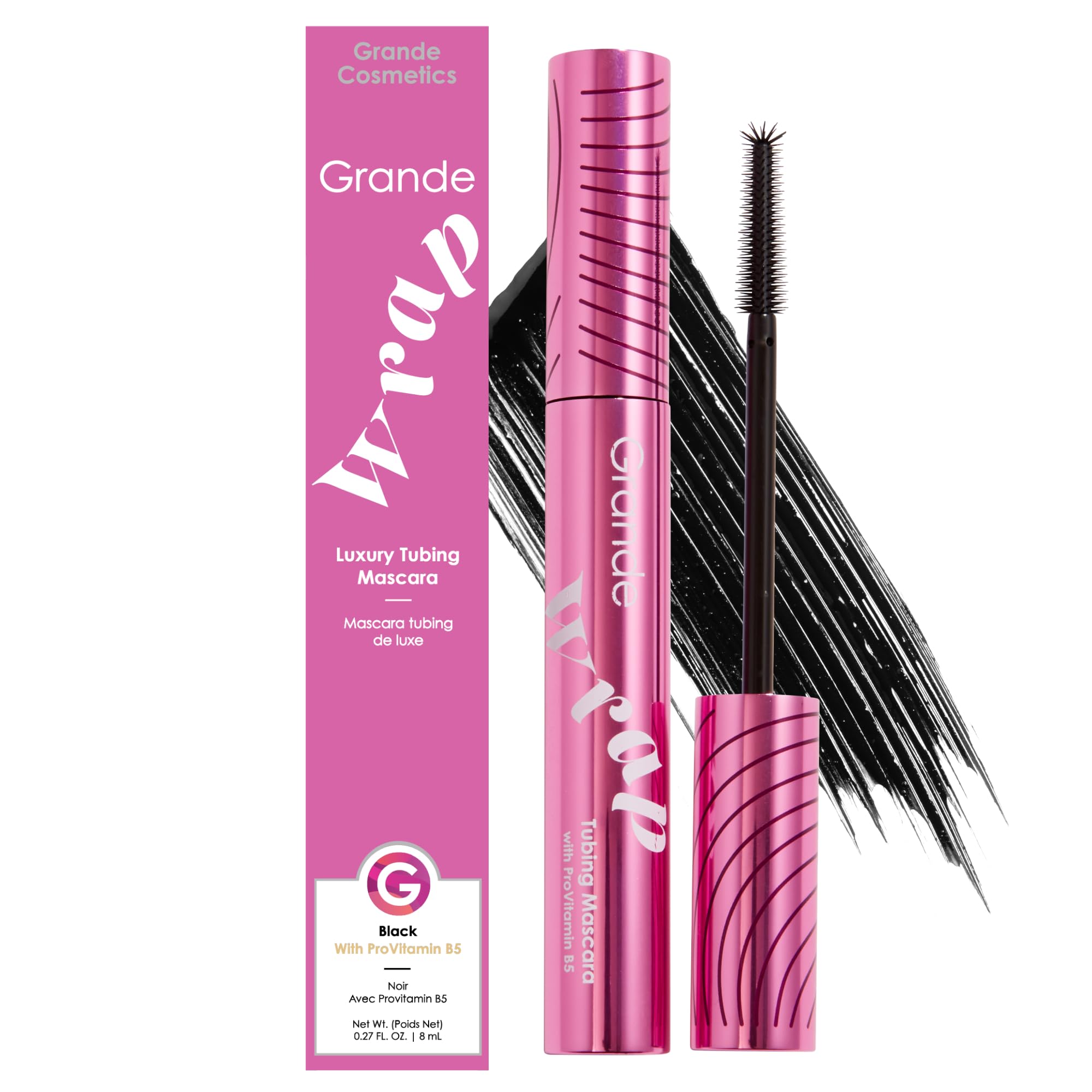 Grande Cosmetics GrandeWRAP Tubing Mascara – Buildable Volume & Length, Lifts, Curls & Separates Lashes, Anti-Smudge, Lightweight, Flake-Free, All Day Wear, Easy Removal, ProVitamin B5 Infused – Black