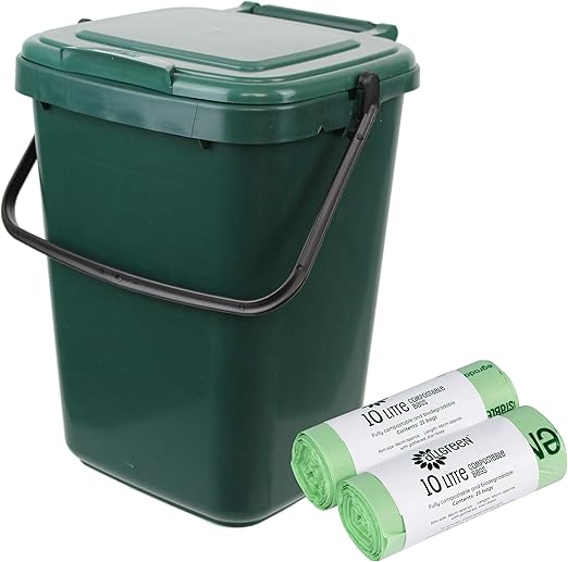 Large Green Kitchen Compost Caddy (10L) & 50x 10L Compostable Bags
