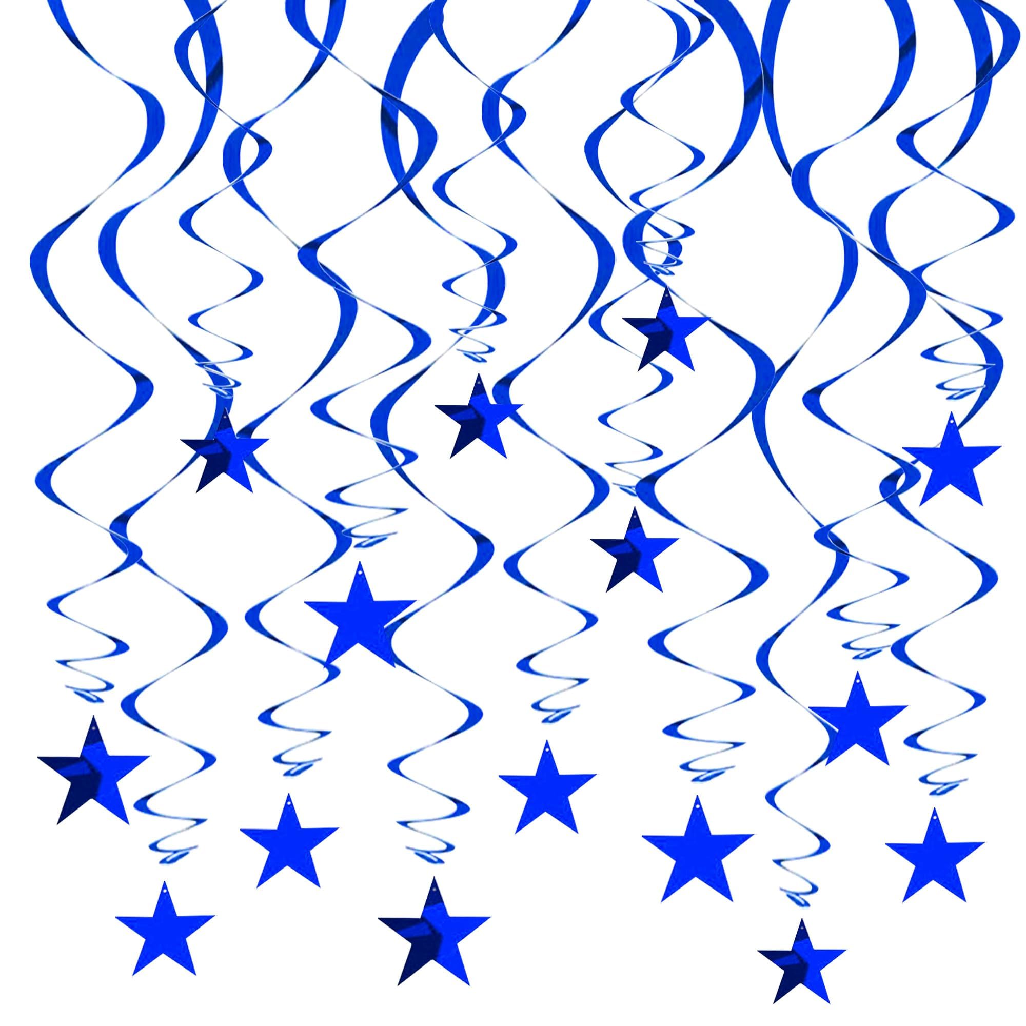 RIBBOOO Blue Hanging Stars Swirl Pre-Strung, Glitter Star Garland Streamers for Birthday Party Graduation Wedding Baby Shower Decorations, Pack of 15