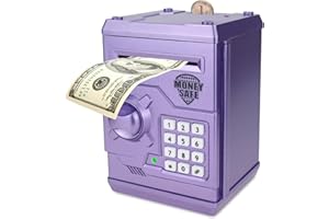 Qwifyu Piggy Bank for Boys Girls, 4 5 6 7 8 9 10 Year Old Girl Boy Birthday Gift Ideas, Electronic Password Money Saving Box ATM, Great Gift Safe Bank Toys for Kids (Purple)