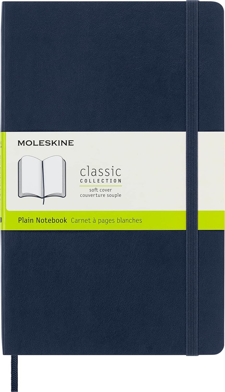 Moleskine Classic Notebook, Notebook With Plain Pages, Soft Cover and Elastic Closure, Sapphire Blue, Large, 13 x 21 cm, 192 Pages