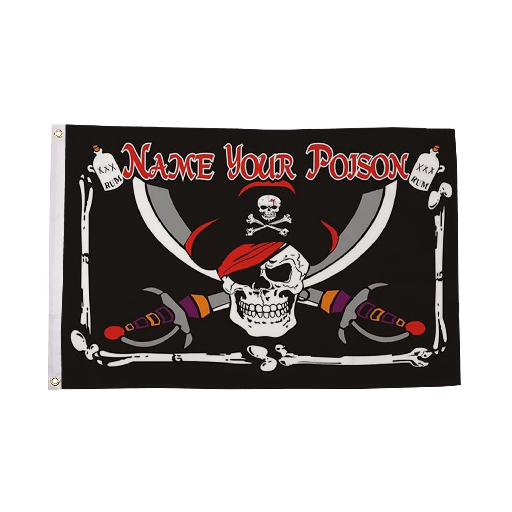 Flagtex Pirate Flags Name Your Poison 5ft x 3ft (150cm x 90cm) - Pirate Banner with Drinking Theme, Jolly Roger Flag for Garden Display, Pirate Bar Decorations