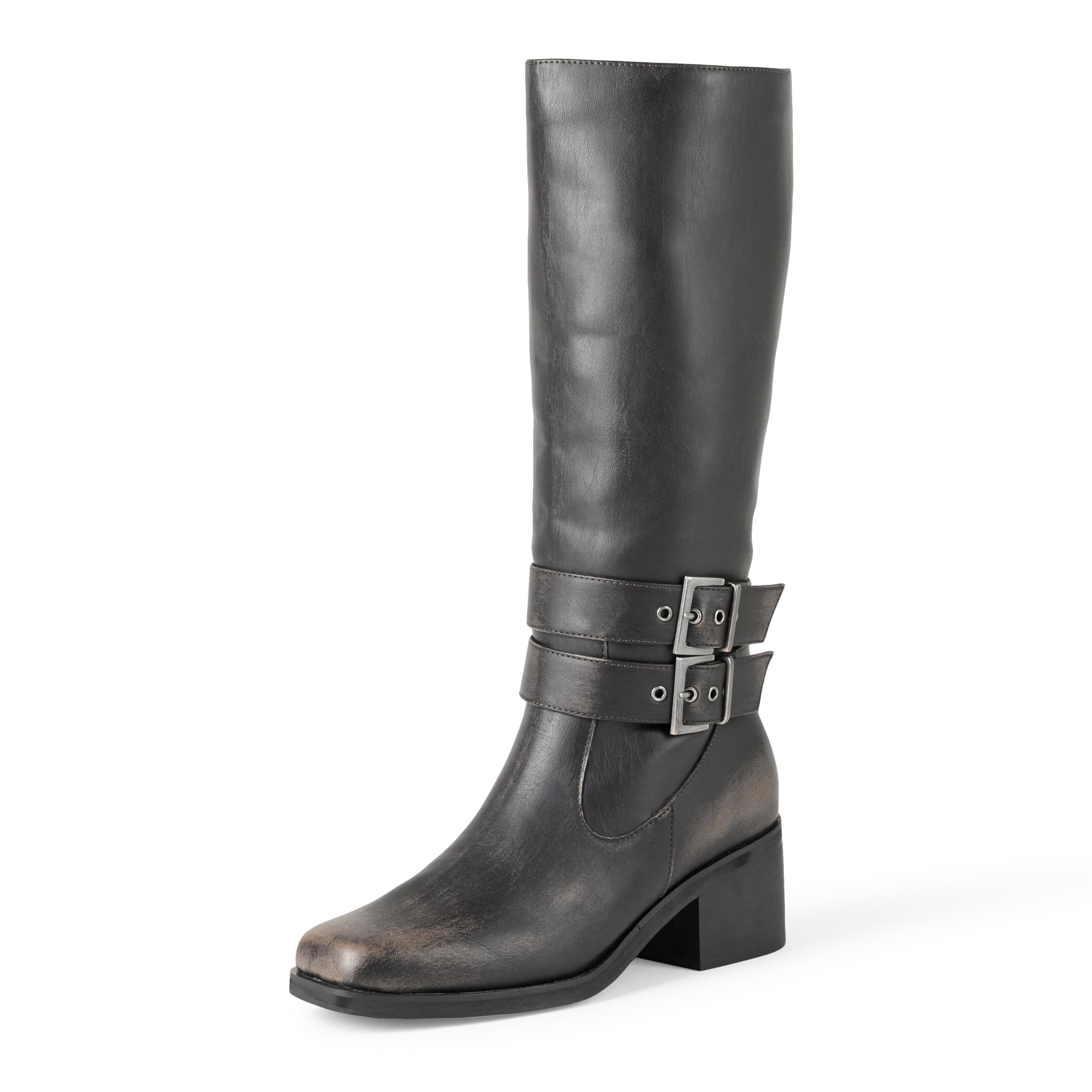 Photo 1 of (see all images) The Drop Women's Sage Tall Biker Boot with Buckles, Distressed Cognac, 9