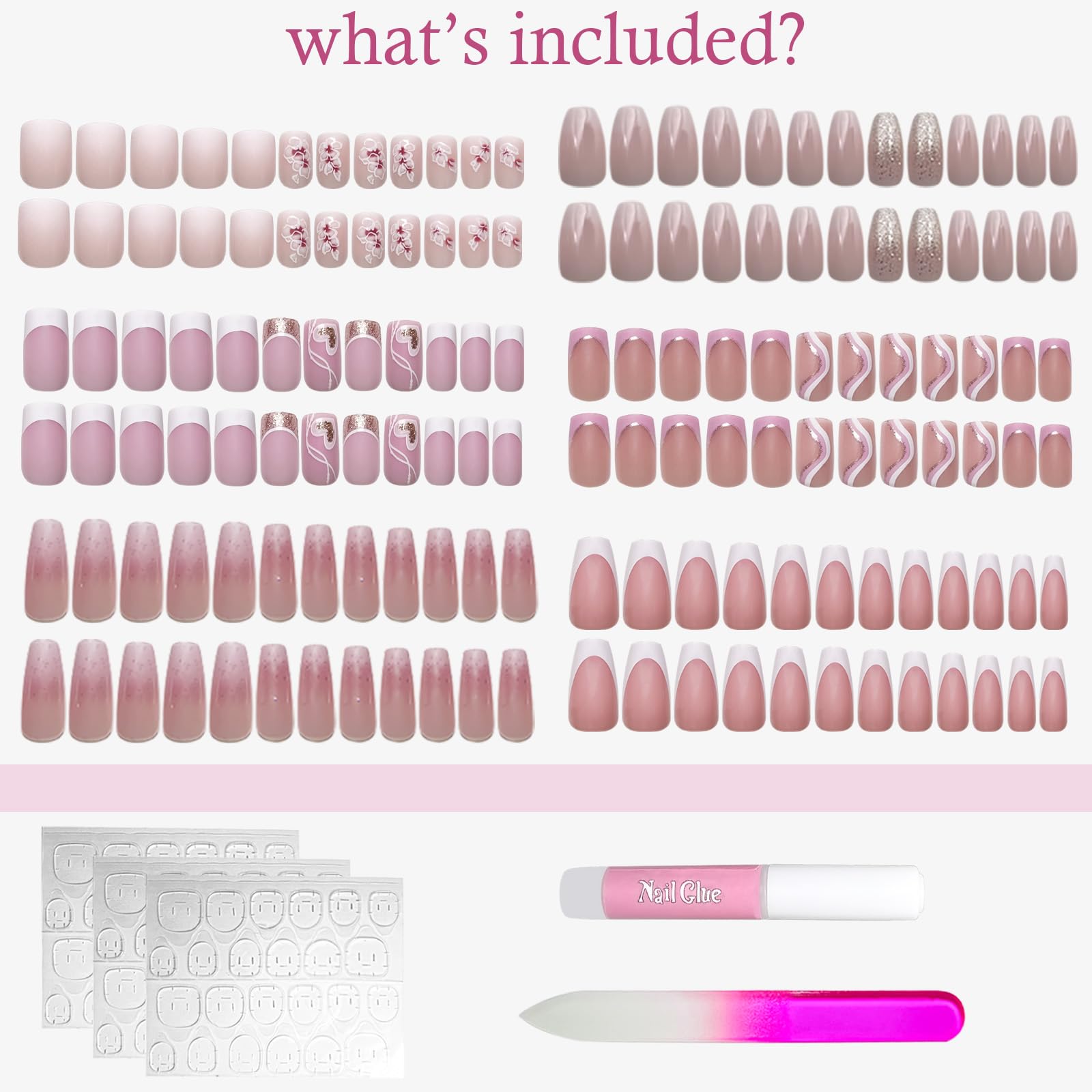 6 Packs (144 Pcs) Press on Nails Medium - Jsiallye Pink Gradient Press on Nails Square Coffin, Glue on with Nail in 12 Sizes - 24 Fake Nails Kit, French Tip Stick on Nails for Women - Image 6