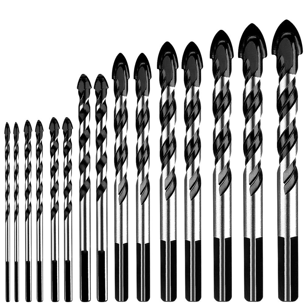 Drill Bit Set 15 Pcs Tungsten Carbide Tip Drill Bits for Porcelain Ceramic Tile Concrete Plastic Masonry and Wood Assorted 9 Sizes (3 4 5 6 8 10 12 14 16mm)