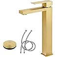 Tohlar Vessel Sink Faucet Gold, Tall Bathroom Faucets for Vessel Sinks Brushed Gold Modern Single Handle 1 Hole Stainless Steel Bathroom Vanity Faucet with Water Supply Hose and Pop Up Sink Drain