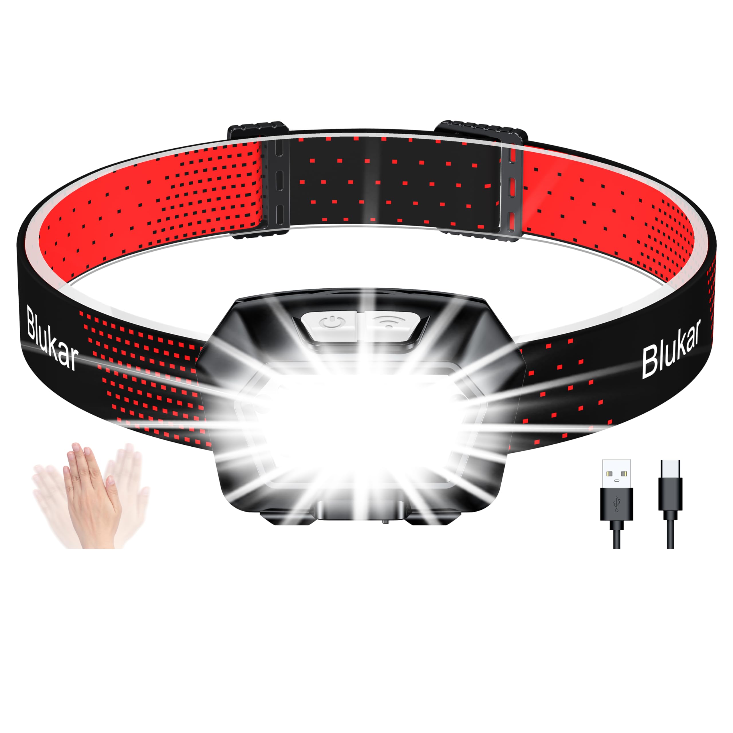 Blukar Head Torch Rechargeable, 2000L Super Bright Headlamp Waterproof Headlight with Hands Free Sensor Control&6 Lighting Modes - 30 Hrs+ Runtime,Adjustable Angle for Emergency, Running, Hiking etc.