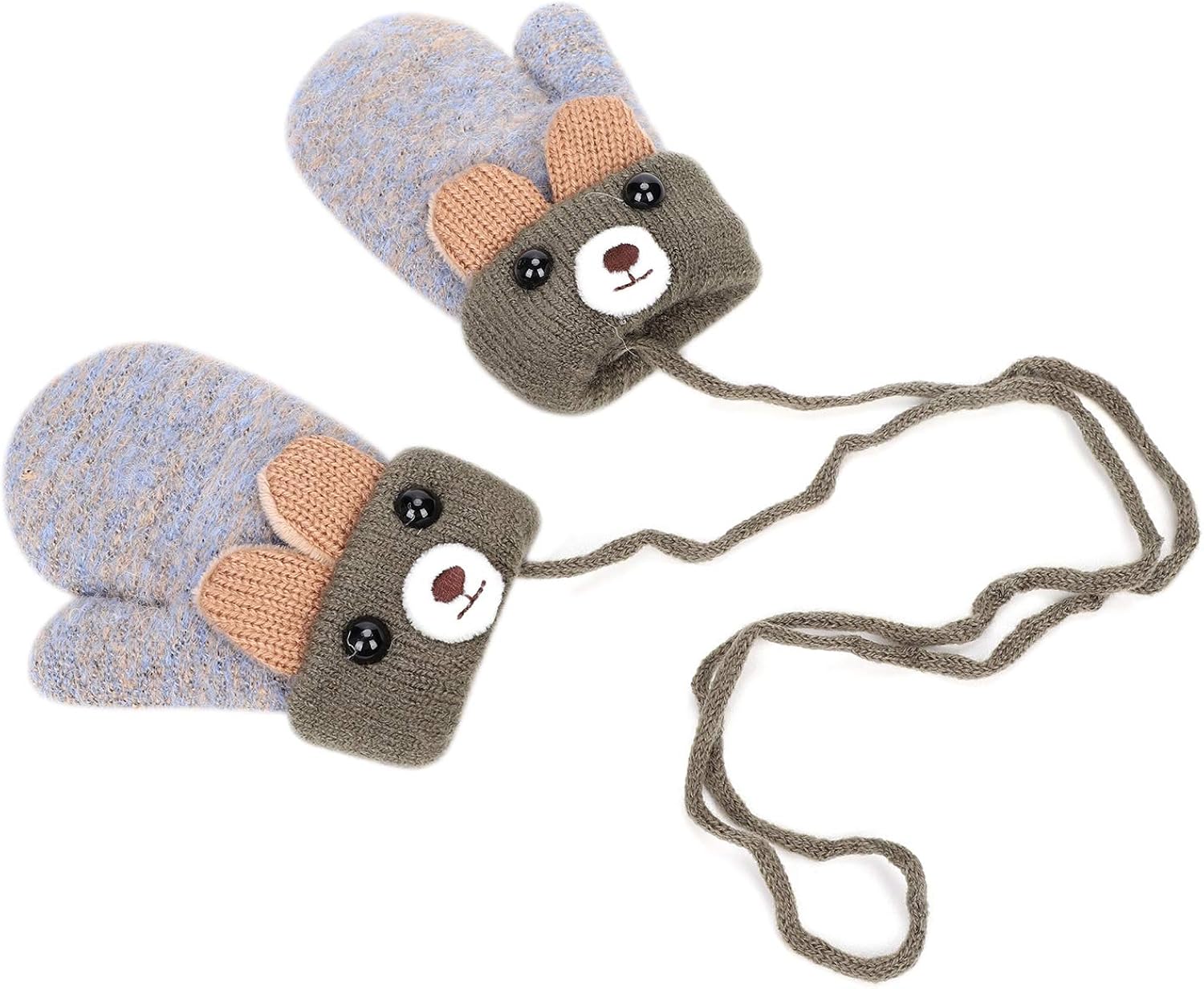 Baby Mittens With String Kids Toddler Winter Warm Knitted Gloves Cute Bear Cashmere Woolen Gloves Hanging Neck Gloves Skiing Gloves Mittens Thicken Fleece Lined For 0-3 Years Old