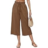 LOMON Women's Linen Capri Pants Wide Leg with Drawstring Elastic Waist Casual Cropped Pant