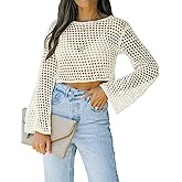 Womens Fishnet Crochet Crop Top Sexy Long Sleeve See Through Hollow Out Mesh Bikini Cover Ups